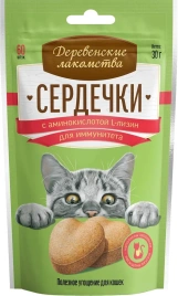 Лакомство «Деревенские лакомства» сердечки с аминокислотой L-лизин для поддержки иммунитета кошек, 30 г