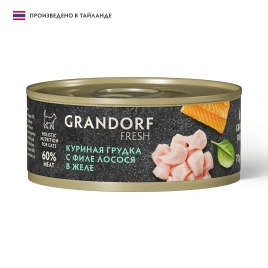 Влажный корм консервы Grandorf Fresh для кошек куриная грудка с филе лосося в желе, 70 г