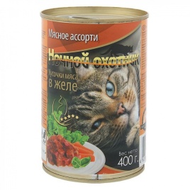 Ночной охотник консервы для кошек Мясное ассорти кусочки в желе 415 г