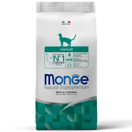 Сухой корм Monge Natural Hairball с курицей для кошек для выведения шерсти, 1.5 кг