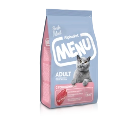 Сухой корм ALPHAPET MENU Beef для взрослых кошек и котов, с говядиной, 1.5 кг