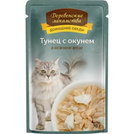 Деревенские лакомства влажный корм для кошек с тунцом и окунем в желе - 70 г