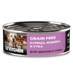 Влажный корм GO'KITCHEN для щенков и собак с курицей, индейкой и уткой, 100 г