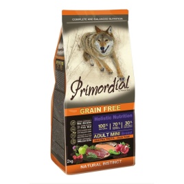 Сухой беззерновой корм Primordial для взрослых собак мелких пород с форелью и уткой - 2 кг