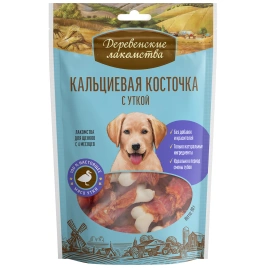 Лакомство «Деревенские лакомства» кальциевая косточка с уткой для щенков, 90 г