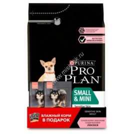 PRO PLAN "Adult Small&Mini Sensitive Skin" с комплексом OPTIDERMA сухой 3 кг + 2х85 г пауча для собак мелких и карликовых пород с чувствительной кожей Лосось