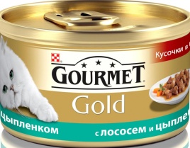 Консервы Gourmet Gold для взрослых кошек кусочки в соусе с лососем и цыпленком - 85 г