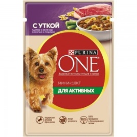 Purina One Mini Актив 85 г пауч консервы для собак, с уткой, пастой и зеленая фасолью в подливе 1х26