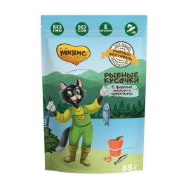 Мнямс Рыбный Фестиваль Рыбные кусочки влажный корм для кошек с лососем, креветками и форелью 85 г