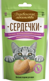 Лакомство «Деревенские лакомства» сердечки для баланса жизненно необходимых микроэлементов у кошек, 30 г