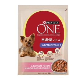 Влажный корм Purina ONE Мини Чувствительная для взрослых собак мелких пород с чувствительным пищеварением с лососем, рисом и морковью в подливе - 100 г
