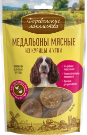 Лакомство «Деревенские лакомства» медальоны мясные из курицы и утки для собак, 90 г
