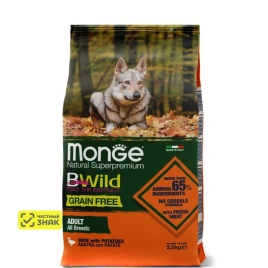 Сухой корм Monge Dog BWild GRAIN FREE Duck &amp;amp; Potato для взрослых собак с уткой и картофелем, 2,5 кг