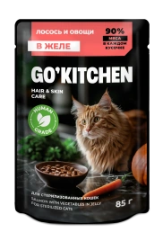 Влажный корм GO'KITCHEN для стерилизованных кошек с лососем и овощами в желе, 85 г