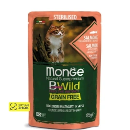 Влажный корм Monge Cat BWild GRAIN FREE Salmon &amp;amp; Vegetables &amp;amp; Shrimp для стерилизованных кошек с лососем, овощами и креветками, 85 г