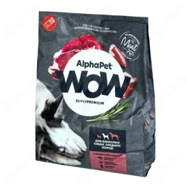Сухой корм ALPHAPET WOW Superpremium Beef & Heart для взрослых собак средних пород, с говядиной и сердцем, 15 кг