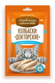 Лакомство «Деревенские лакомства» колбаски докторские с нежным лососем для кошек, 6 колбасок, 60 г