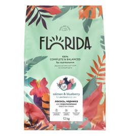 Florida сухой корм для взрослых стерилизованных кошек с лососем и черникой 12 кг