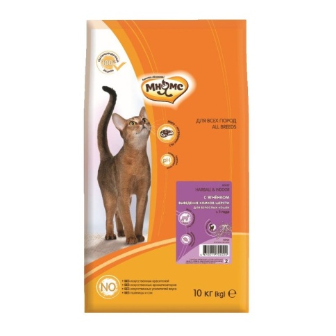 Мнямс Hairball & Indoor сухой корм для кошек для выведения комков шерсти из желудка с ягненком - 10 кг фото 1