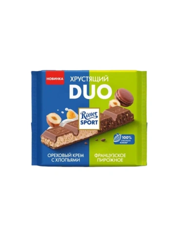 Шоколад молочный Ritter Sport "Хрустящий DUO орех.кр. с хлопьями и французское пирожное" 218г фото 1