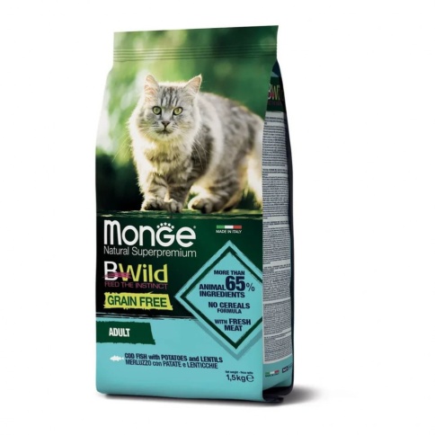 Monge Cat BWild Grain Free сухой беззерновой корм для взрослых кошек из трески, картофеля и чечевицы - 1,5 кг фото 1