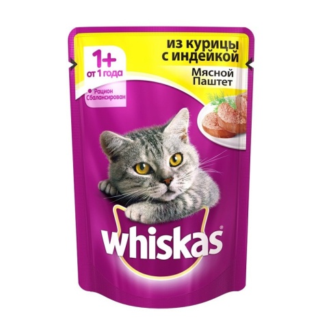 Whiskas паучи в форме мясного паштета с курицей и индейкой для взрослых кошек от 1 года - 85 г фото 2
