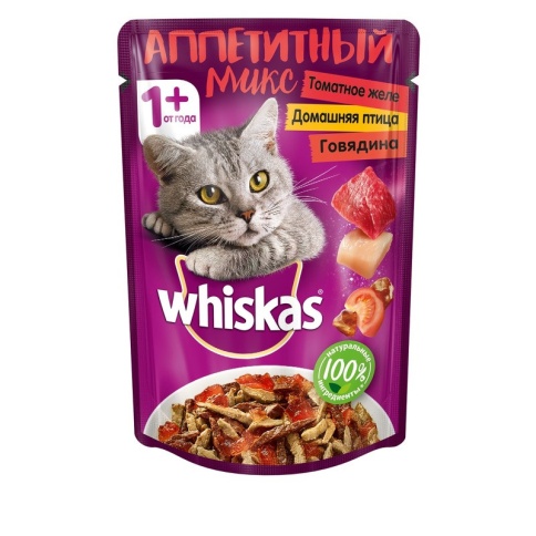 Whiskas Аппетитный микс влажный корм для кошек с птицей и говядиной в томатном желе - 85 г фото 1