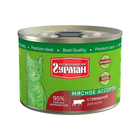 Влажный корм Четвероногий Гурман Мясное ассорти для котят с говядиной - 190 г фото 1