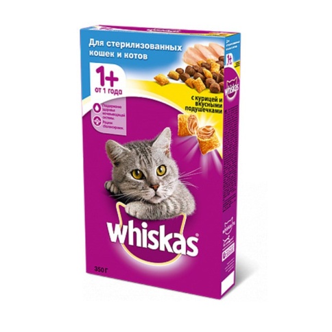 Whiskas сухой корм в форме подушечек c курицей для взрослых стерилизованных кошек и котов от 1 года - 350 гр фото 2