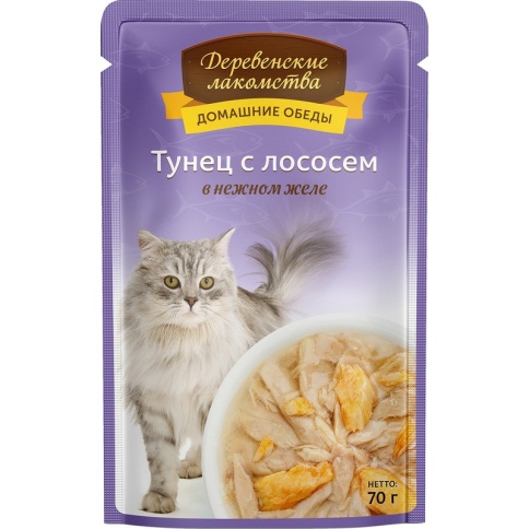 Деревенские лакомства влажный корм для кошек с тунцом и лососем в желе - 70 г фото 2