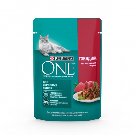 Purina One "Adult" паучи для взрослых кошек с Говядиной и морковью 26шт х 75г фото 1