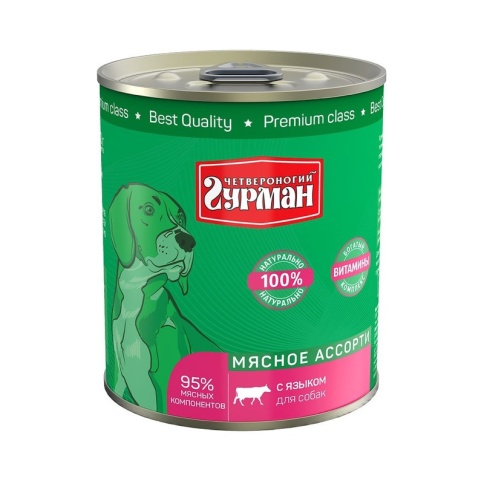 Полнорационный консервированный корм Четвероногий Гурман Мясное ассорти для собак с языком - 340 г фото 1