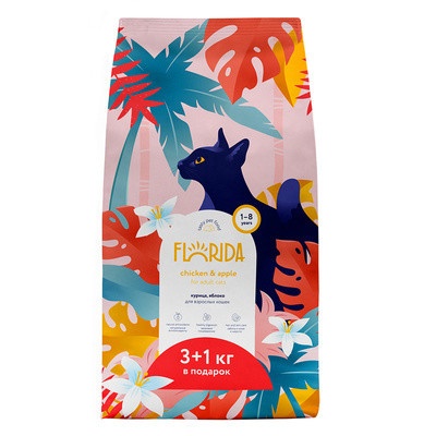 Florida сухой корм для взрослых кошек с курицей и яблоком 4 кг фото 1
