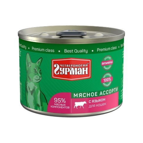 Влажный корм Четвероногий Гурман Мясное ассорти для кошек с языком - 190 г фото 1