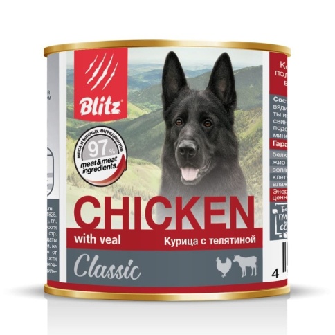Blitz Adult Dog влажный корм для взрослых собак с курицей и телятиной в консервах - 750 г фото 1