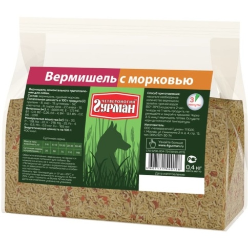 Каша для собак Четвероногий гурман вермишель с морковью - 400 г фото 1