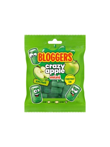 Мармелад BLOGGERS "Крейзи Эйпл" (мини-трубочка) в кисло-сладкой обсыпке жеват. со вкусом яблока с желейн. нач. 75г фото 1