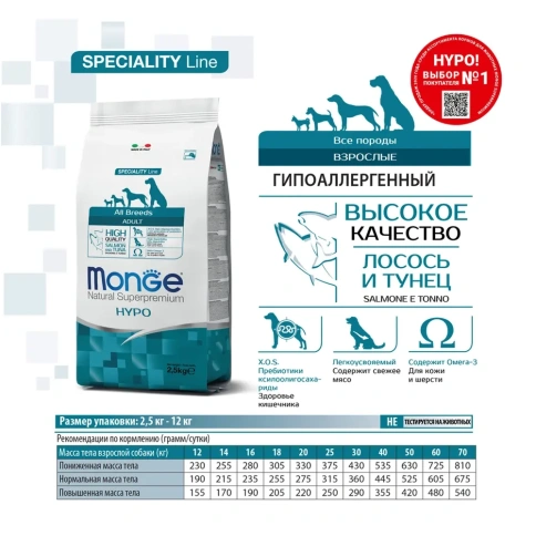 Сухой корм Monge Speciality Hypoallergenic с лососем и тунцом для взрослых собак всех пород, 12 кг фото 2
