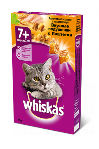 Whiskas сухой корм в форме подушечек с паштетом, аппетитное ассорти с мясом птицы для пожилых кошек старше 7 лет - 350 гр фото 1