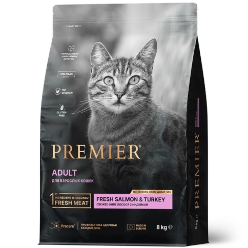 Сухой корм Premier со вкусом лосося и индейки для взрослых кошек, 8 кг фото 1