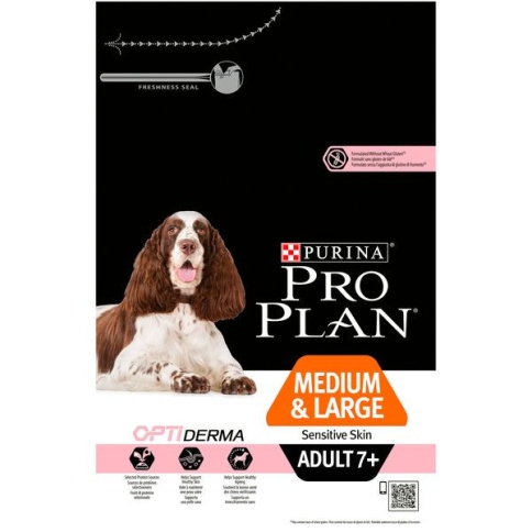 Purina PRO PLAN для взрослых собак старше 7 лет средних и крупных пород с чувствительной кожей OPTIDERMA с лососем и рисом - 3 кг фото 1