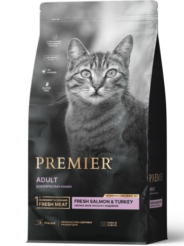 Сухой корм Premier со вкусом лосося и индейки для взрослых кошек, 2 кг фото 1