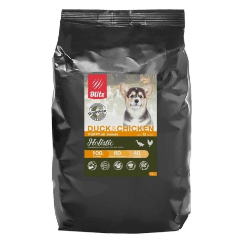 Сухой беззерновой корм Blitz Puppy для щенков с уткой и цыпленком - 12 кг фото 1