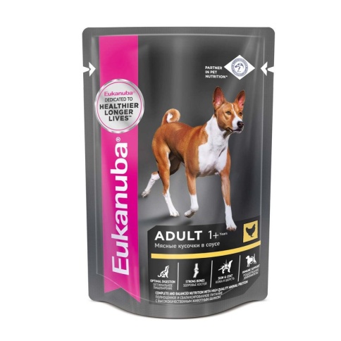 Влажный корм Eukanuba Adult Dog для взрослых собак с кусочками курицы в соусе в паучах - 100 г фото 2
