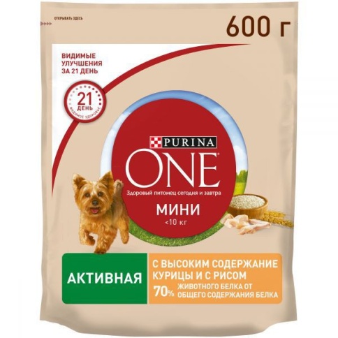 Purina One Mini Актив Курица (Сухой корм для активных собак мелких пород с высоким содержанием курицы и с рисом) 600г фото 1