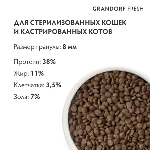 Сухой корм Grandorf Fresh Cat для стерилизованных кошек чувствительное пищеварение или склонность к аллергии ягненок с бататом 400 г фото 9