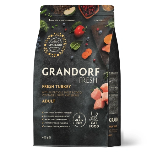 Сухой корм Grandorf Fresh Cat для взрослых кошек диетическая формула для особо аллергичных кошек индейка с бататом 400 г фото 1
