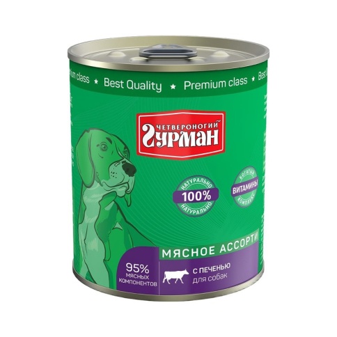 Полнорационный консервированный корм Четвероногий Гурман Мясное ассорти для собак с печенью - 340 г фото 1