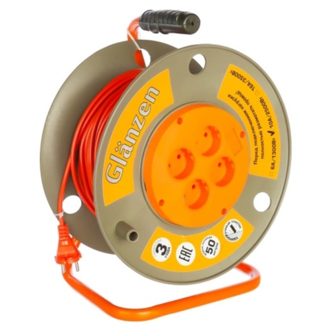 Удлинитель силовой на катушке GLANZEN 4 гн. ПВС 2х1,0 50м (1/1) фото 1