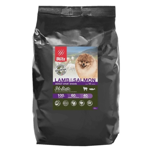 Сухой беззерновой корм Blitz Adult для взрослых собак с ягненком и лососем - 12 кг фото 1